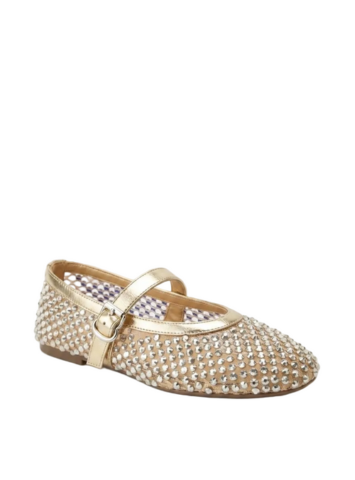 Gold studded flat shoe on a white background